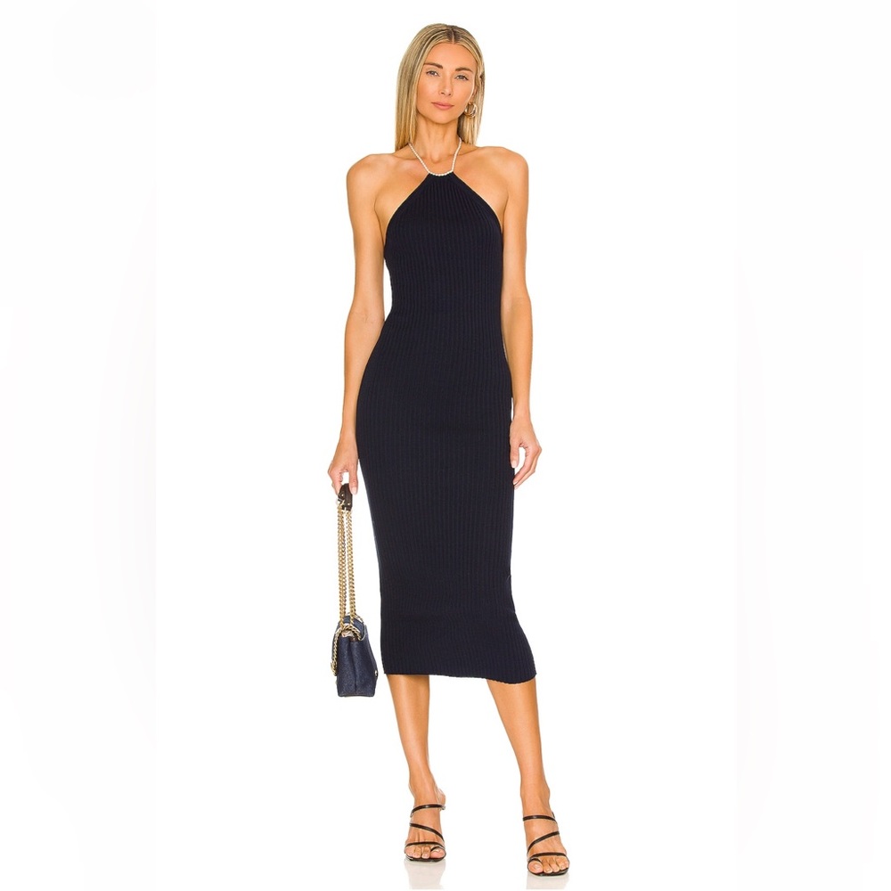 Line & Dot Navy Knit Pearl Halter Dress